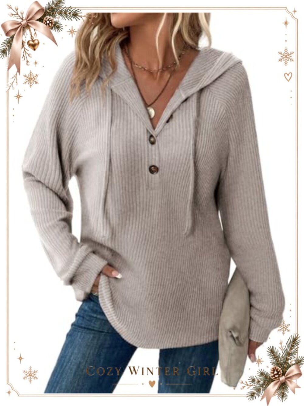 Women's Fuzzy Rib Knit Hooded Tunic Top Long Sleeve Henley Neck Loose Fit